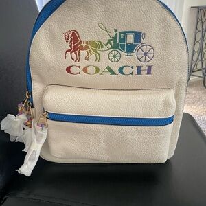 Coach Cream and Blue Backpack with Rainbow Logo